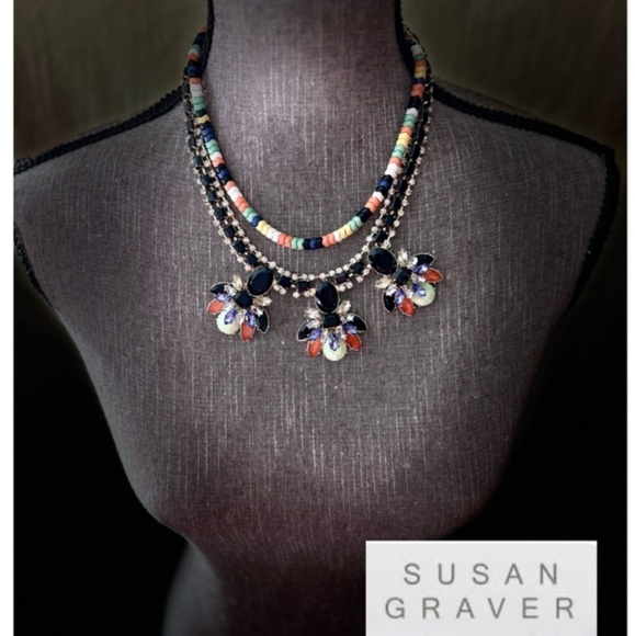 Susan Graver CZ Gemstone Beaded Rainbow Statement Collar Necklace in Gold-QVC - Picture 5 of 6